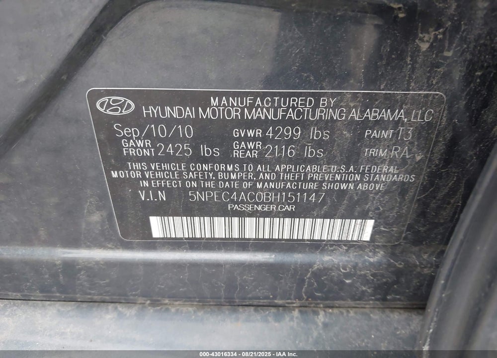 2011 HYUNDAI SONATA VIN: 5NPEC4AC0BH151147