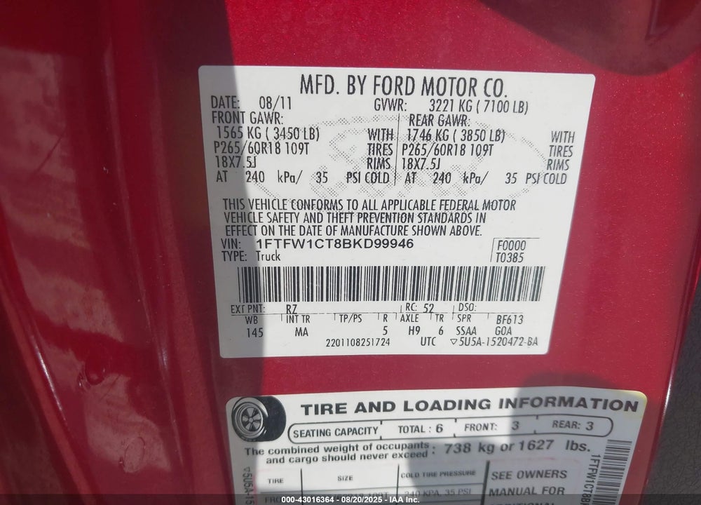 2011 FORD F-150 VIN: 1FTFW1CT8BKD99946