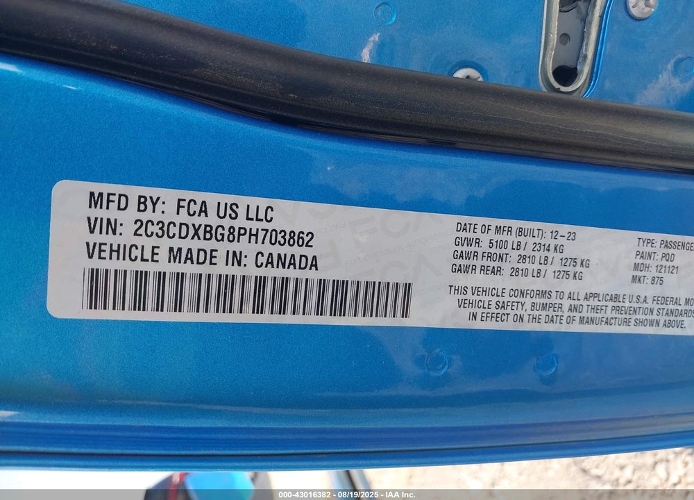 2023 DODGE CHARGER VIN: 2C3CDXBG8PH703862