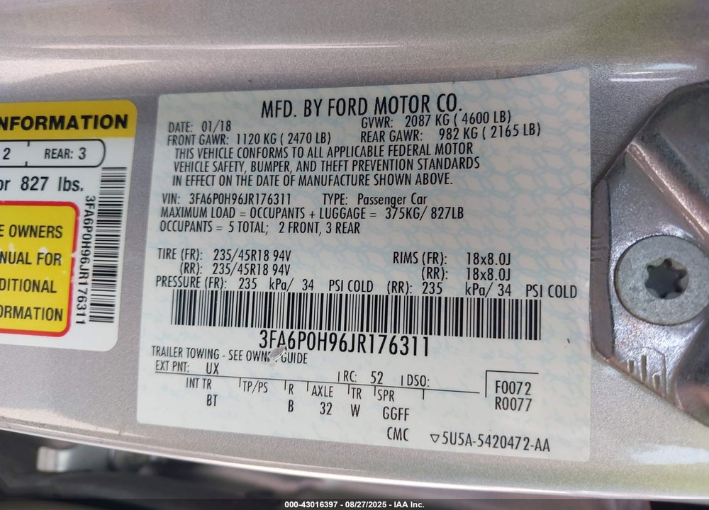 2018 FORD FUSION VIN: 3FA6P0H96JR176311