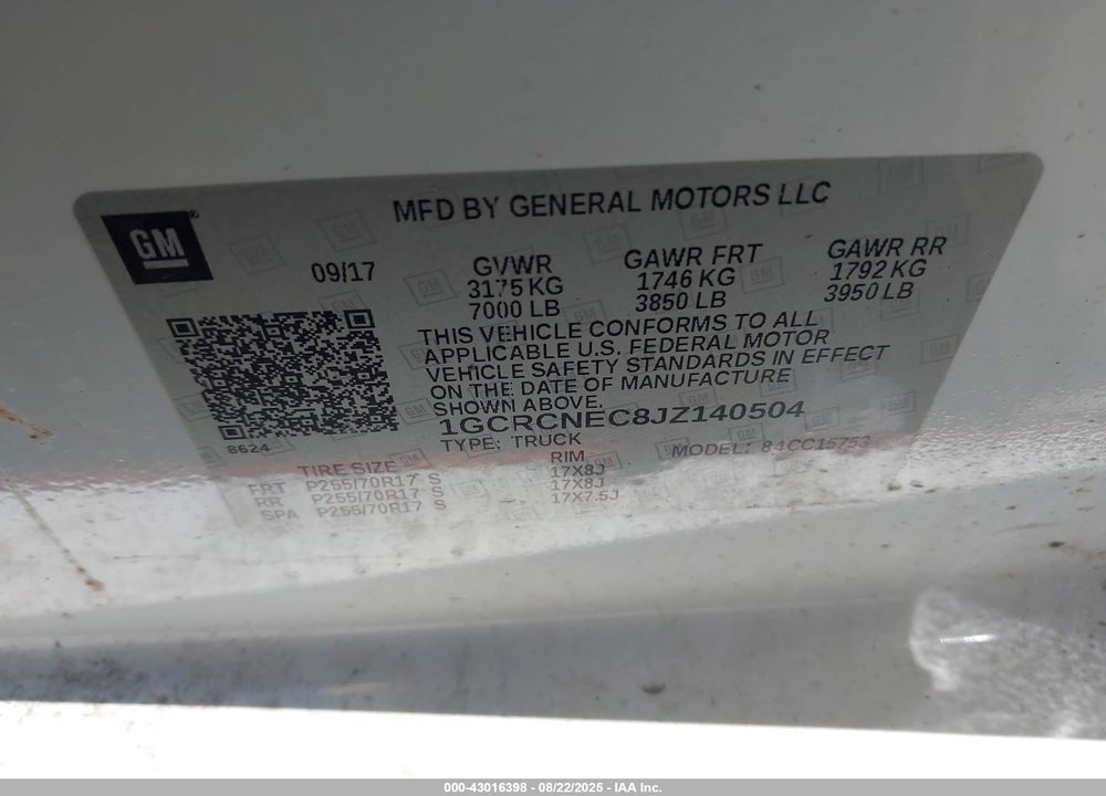2018 CHEVROLET SILVERADO 1500 VIN: 1GCRCNEC8JZ140504