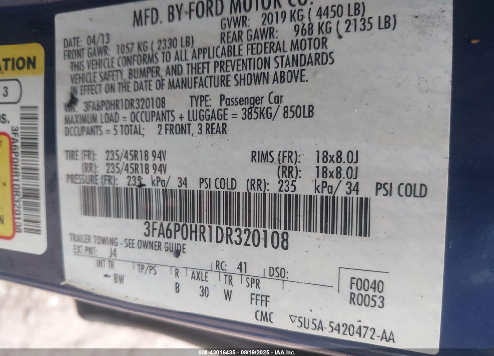 2013 FORD FUSION VIN: 3FA6P0HR1DR320108
