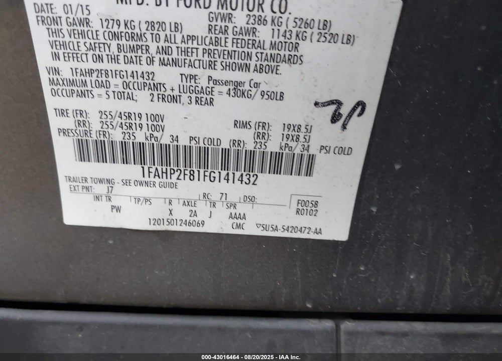 2015 FORD TAURUS VIN: 1FAHP2F81FG141432