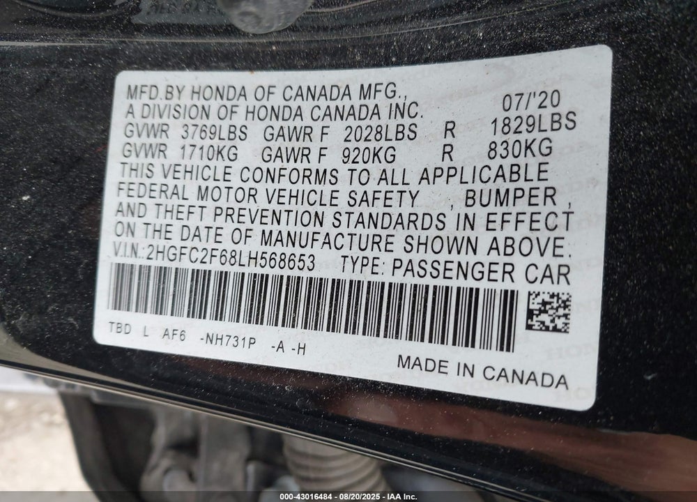 2020 HONDA CIVIC VIN: 2HGFC2F68LH568653