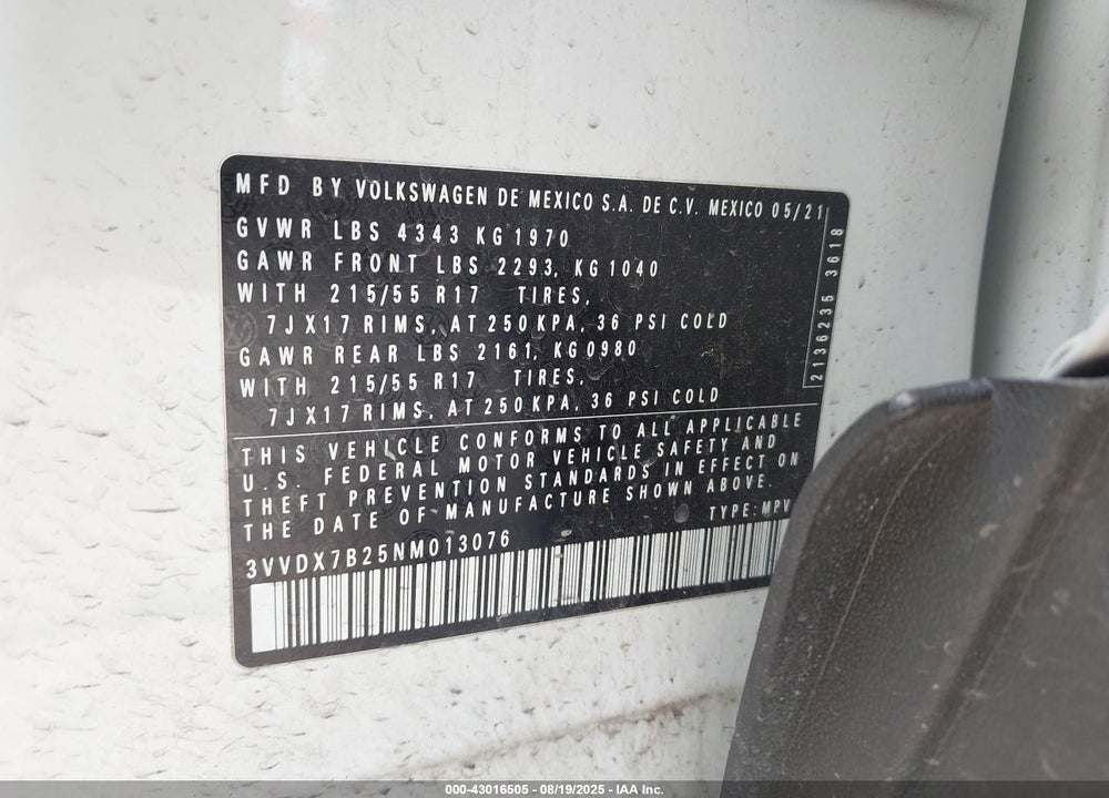 2022 VOLKSWAGEN TAOS 1.5T S VIN: 3VVDX7B25NM013076