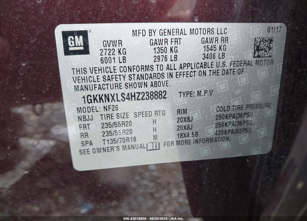 2017 GMC ACADIA VIN: 1GKKNXLS4HZ238882