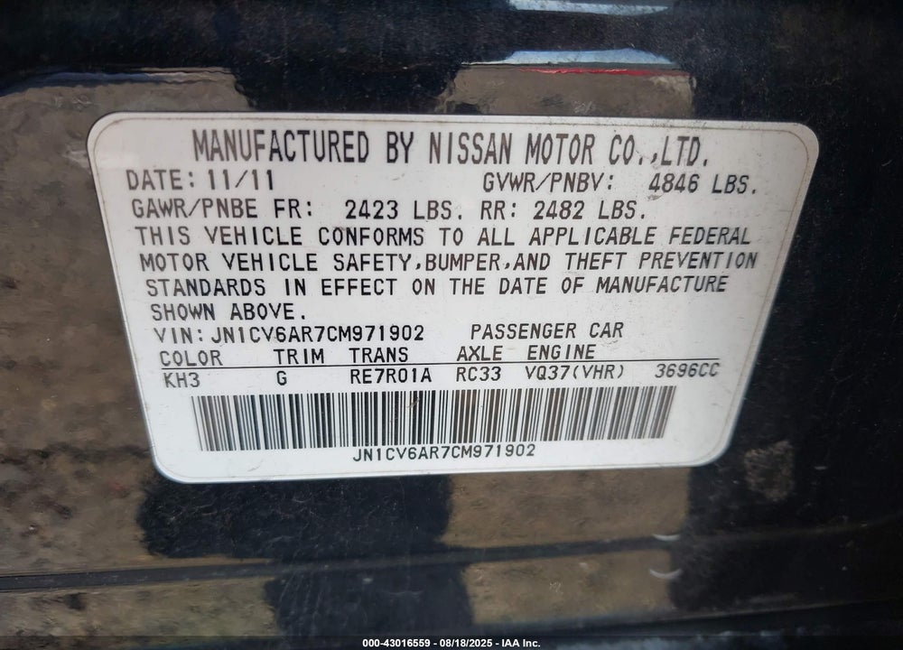 2012 INFINITI G37 VIN: JN1CV6AR7CM971902