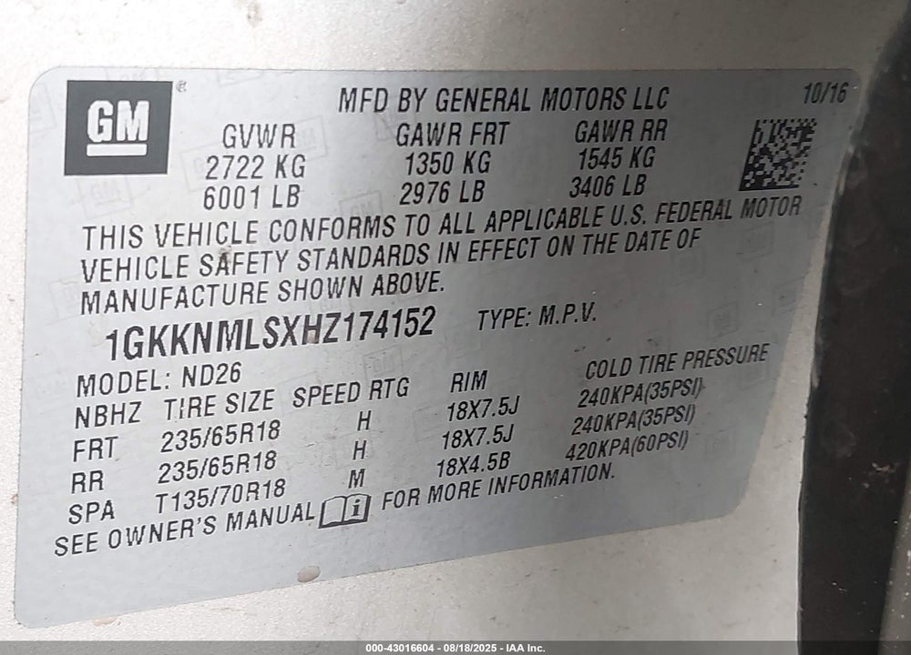 2017 GMC ACADIA VIN: 1GKKNMLSXHZ174152