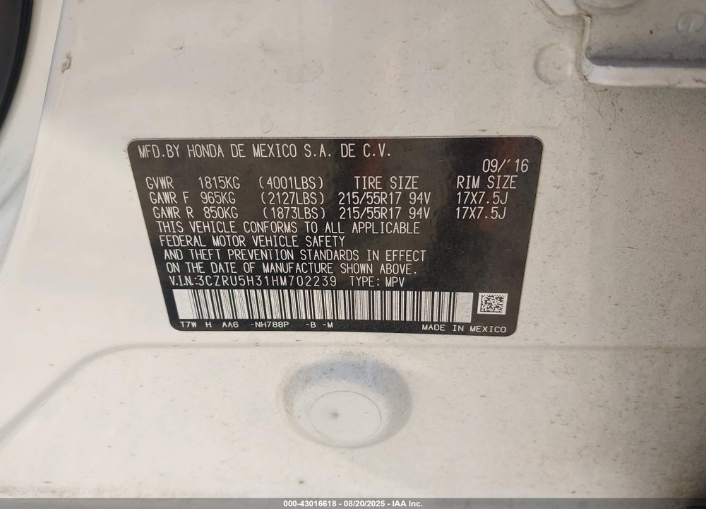 2017 HONDA HR-V VIN: 3CZRU5H31HM702239