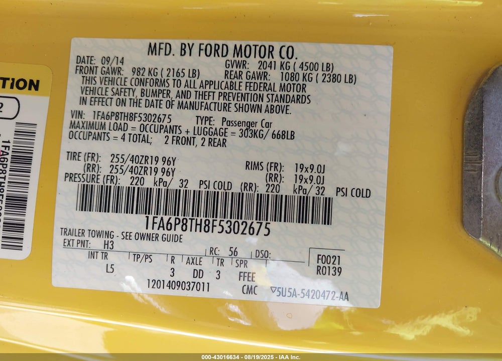 2015 FORD MUSTANG ECOBOOST VIN: 1FA6P8TH8F5302675