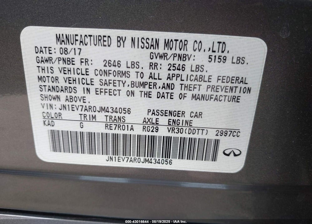 2018 INFINITI Q50 VIN: JN1EV7AR0JM434056