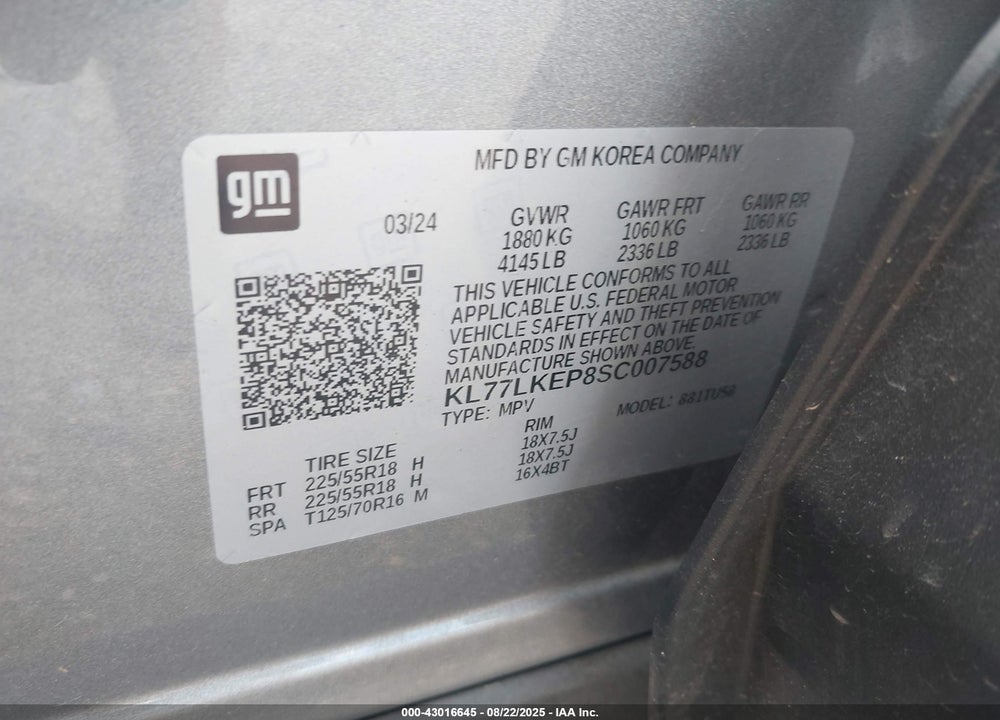 2025 CHEVROLET TRAX FWD ACTIV VIN: KL77LKEP8SC007588