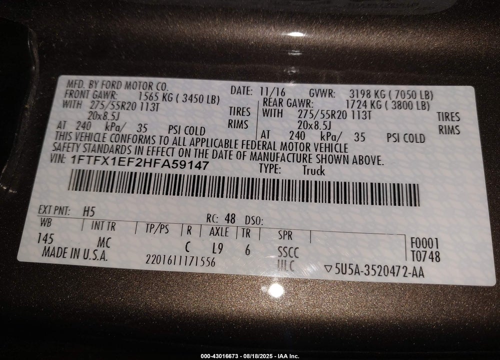 2017 FORD F-150 VIN: 1FTFX1EF2HFA59147