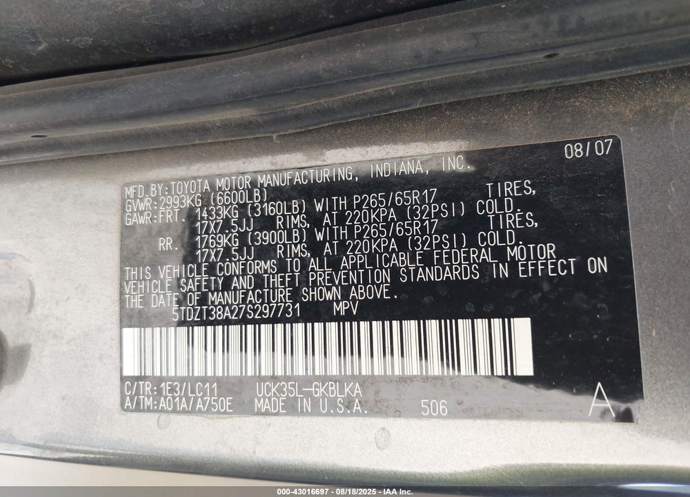 2007 TOYOTA SEQUOIA LIMITED V8 VIN: 5TDZT38A27S297731
