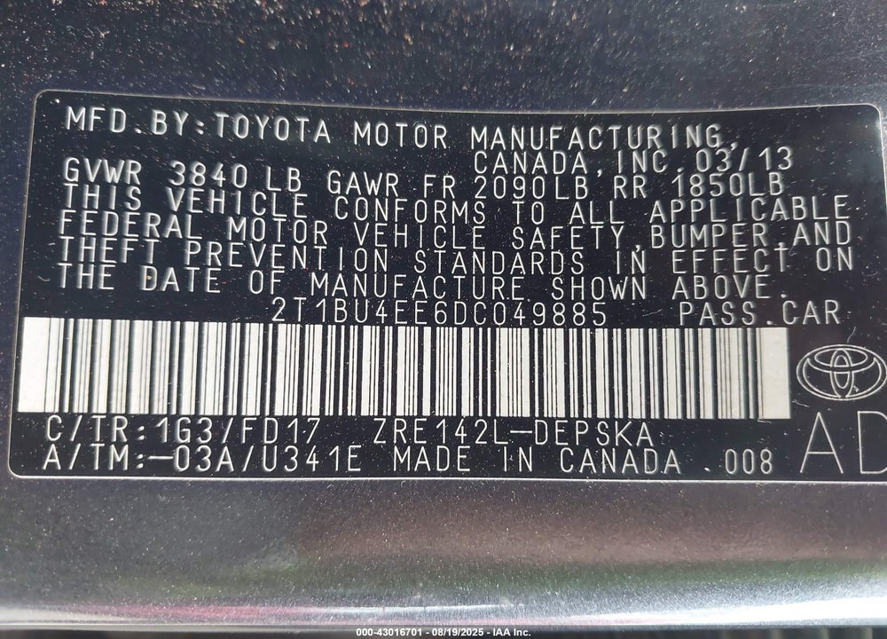 2013 TOYOTA COROLLA VIN: 2T1BU4EE6DC049885