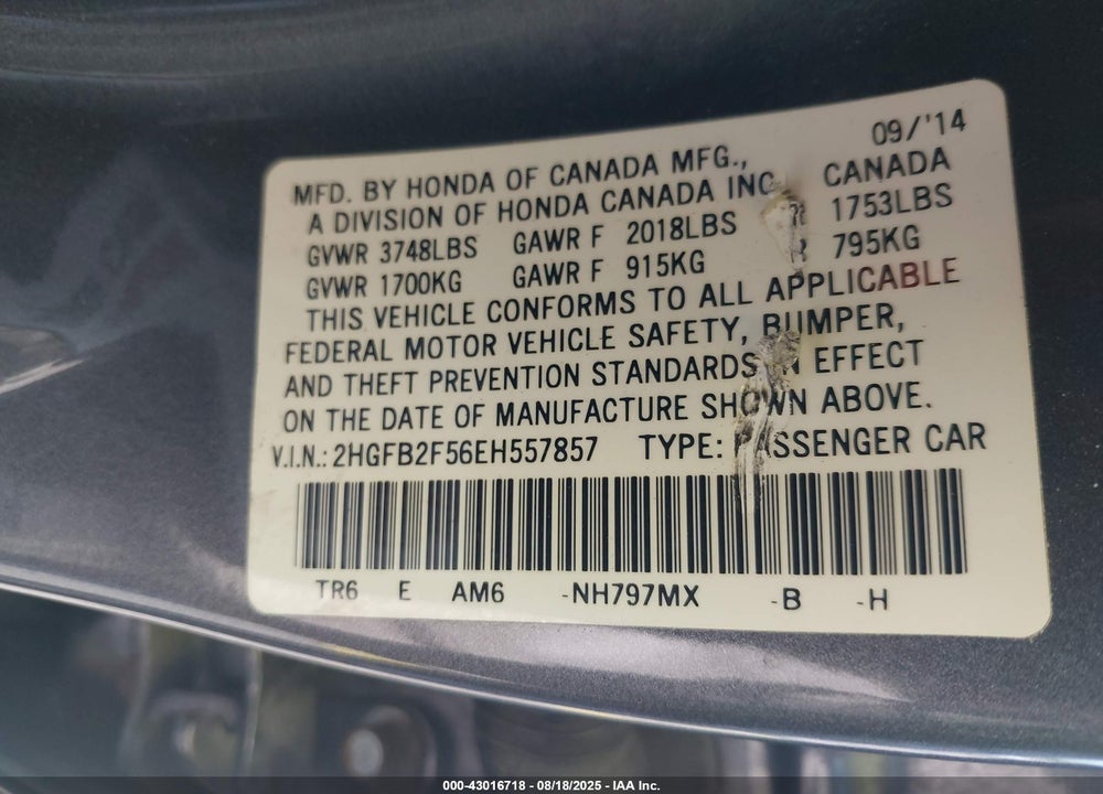 2014 HONDA CIVIC VIN: 2HGFB2F56EH557857