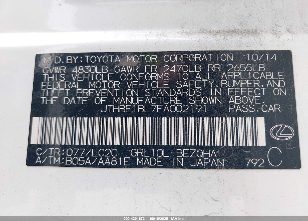 2015 LEXUS GS 350 VIN: JTHBE1BL7FA002191