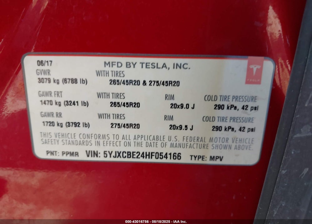2017 TESLA MODEL X 100D/75D/90D VIN: 5YJXCBE24HF054166