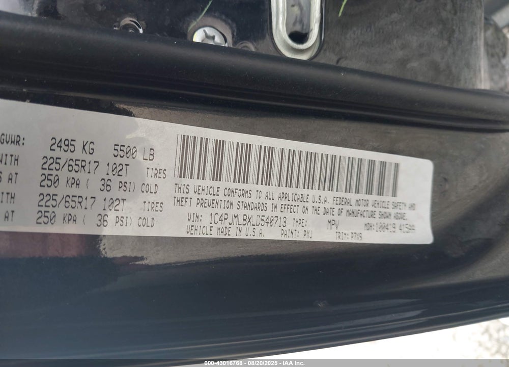 2020 JEEP CHEROKEE VIN: 1C4PJMLBXLD540713