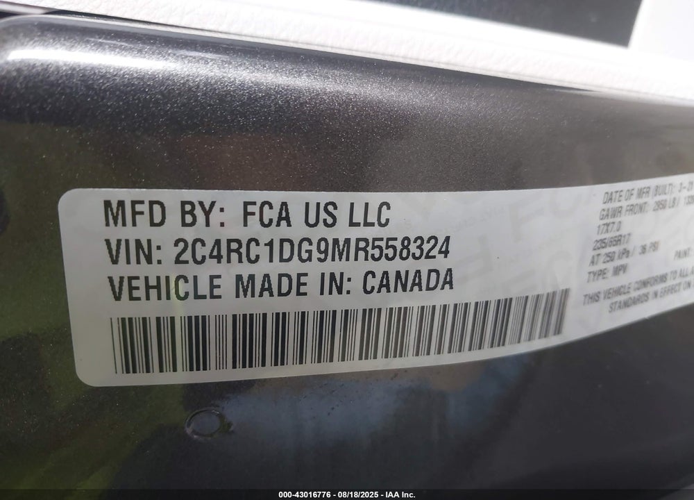 2021 CHRYSLER VOYAGER LXI VIN: 2C4RC1DG9MR558324