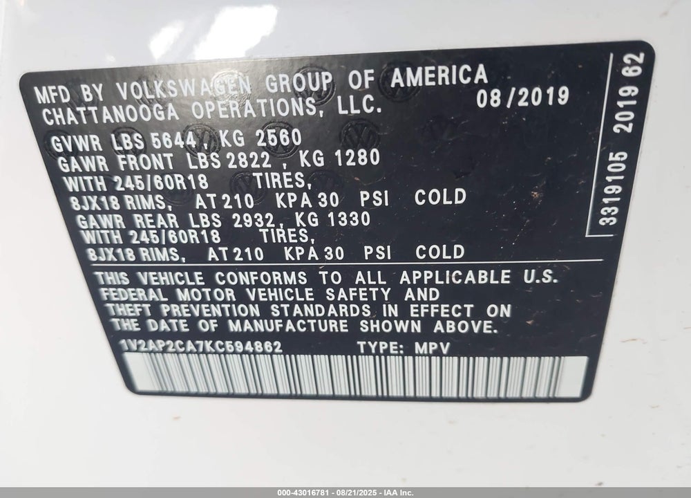 2019 VOLKSWAGEN ATLAS VIN: 1V2AP2CA7KC594862