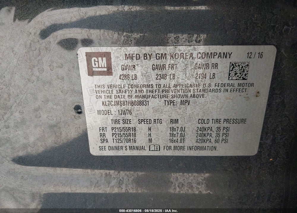 2017 CHEVROLET TRAX VIN: KL7CJMSB1HB088831