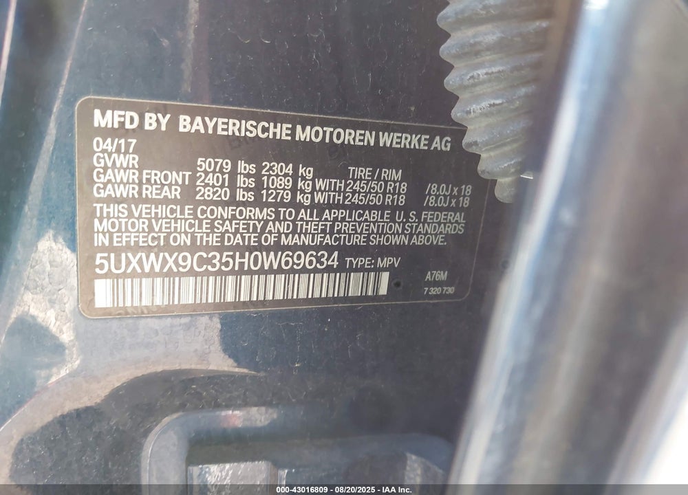 2017 BMW X3 VIN: 5UXWX9C35H0W69634