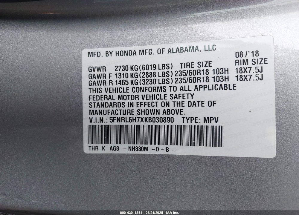 2019 HONDA ODYSSEY EX-L VIN: 5FNRL6H7XKB030890