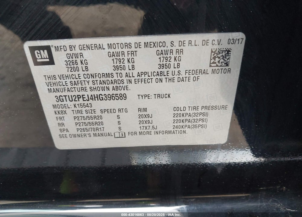 2017 GMC SIERRA 1500 VIN: 3GTU2PEJ4HG396589
