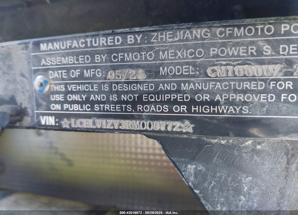 2024 CF MOTO UFORCE 1000 XL VIN: LCELV1ZY3RM000772