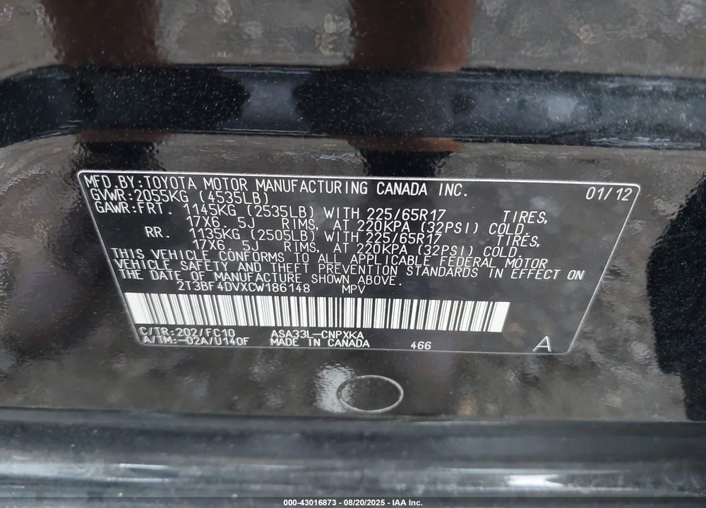 2012 TOYOTA RAV4 VIN: 2T3BF4DVXCW186148