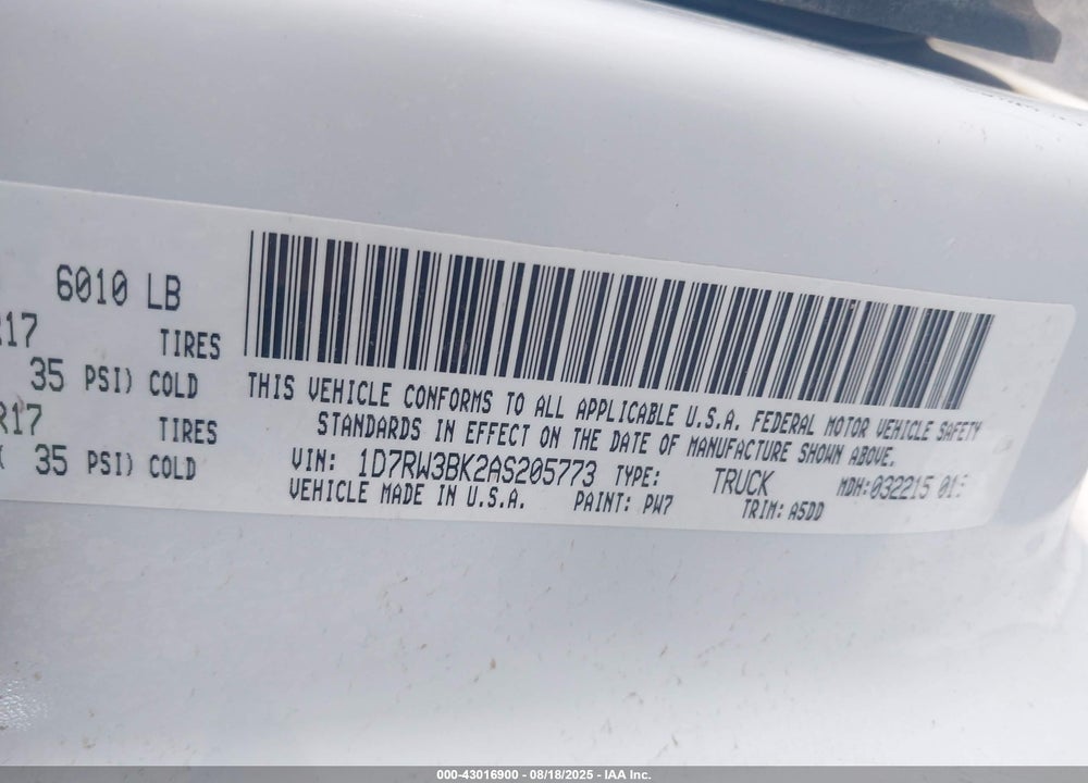 2010 DODGE DAKOTA VIN: 1D7RW3BK2AS205773