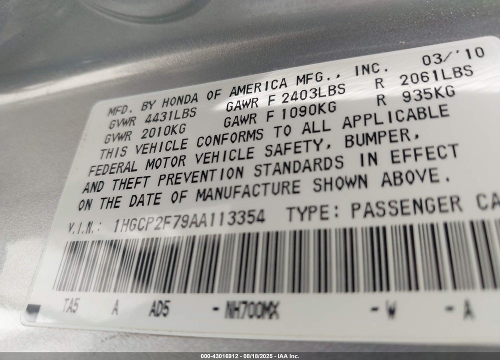2010 HONDA ACCORD VIN: 1HGCP2F79AA113354