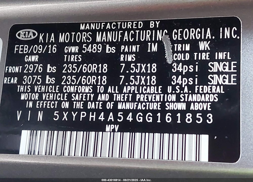 2016 KIA SORENTO VIN: 5XYPH4A54GG161853