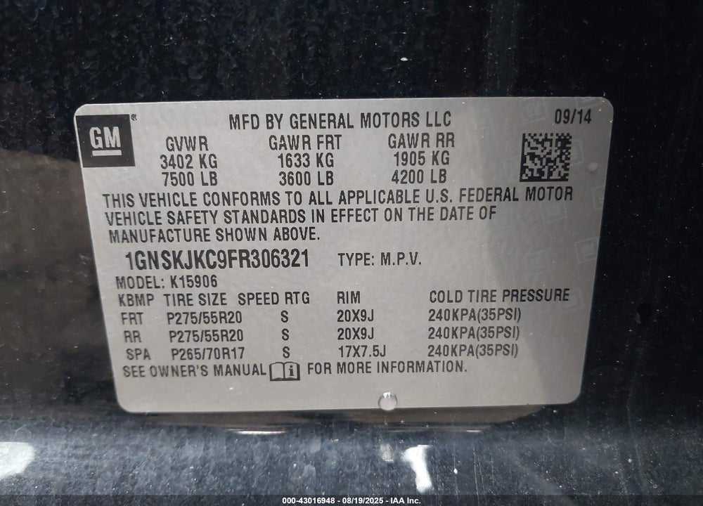 2015 CHEVROLET SUBURBAN 1500 VIN: 1GNSKJKC9FR306321
