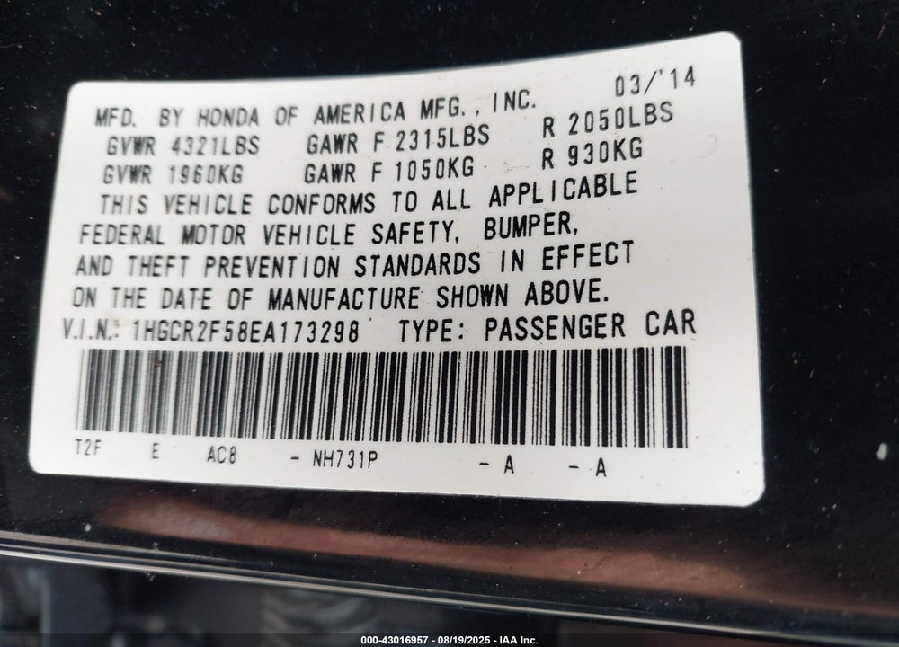 2014 HONDA ACCORD VIN: 1HGCR2F58EA173298