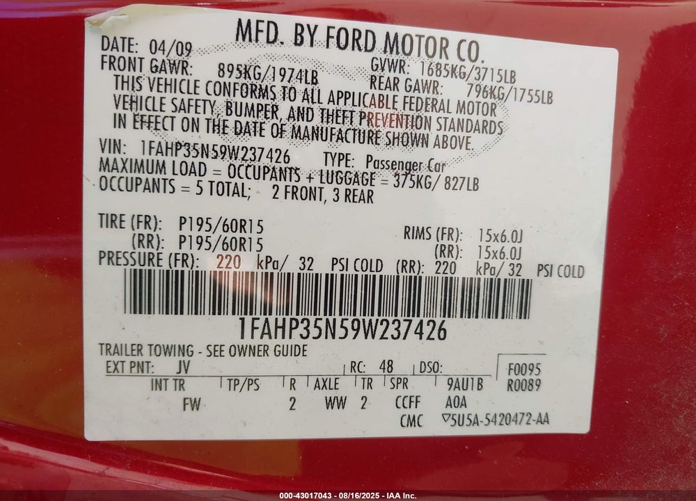 2009 FORD FOCUS VIN: 1FAHP35N59W237426