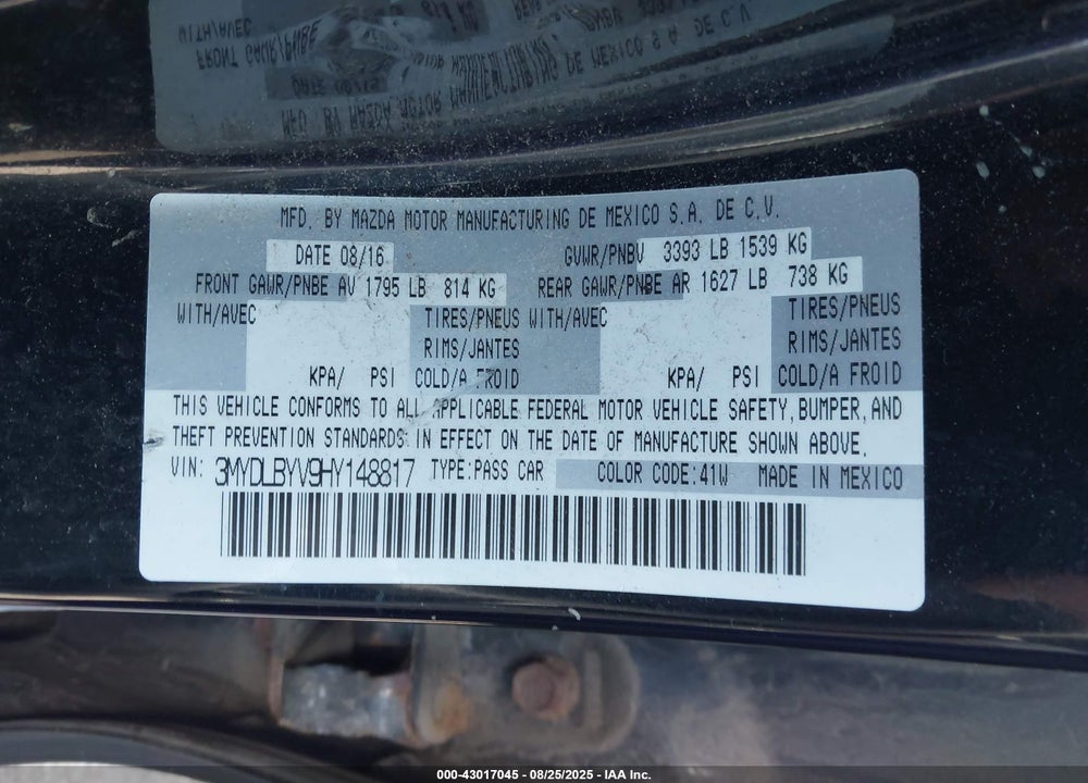 2017 TOYOTA YARIS IA VIN: 3MYDLBYV9HY148817