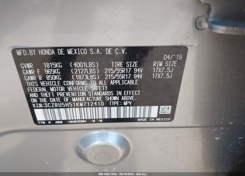 2019 HONDA HR-V EX VIN: 3CZRU5H51KM712410