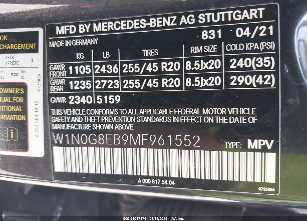 2021 MERCEDES-BENZ GLC CLASS VIN: W1N0G8EB9MF961552