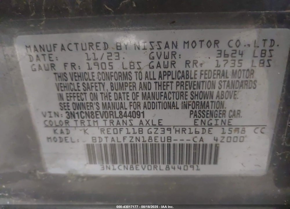 2024 NISSAN VERSA VIN: 3N1CN8EV0RL844091