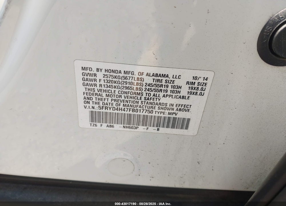 2015 ACURA MDX VIN: 5FRYD4H47FB017750