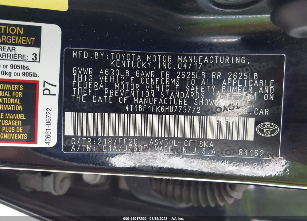 2017 TOYOTA CAMRY VIN: 4T1BF1FK6HU773772