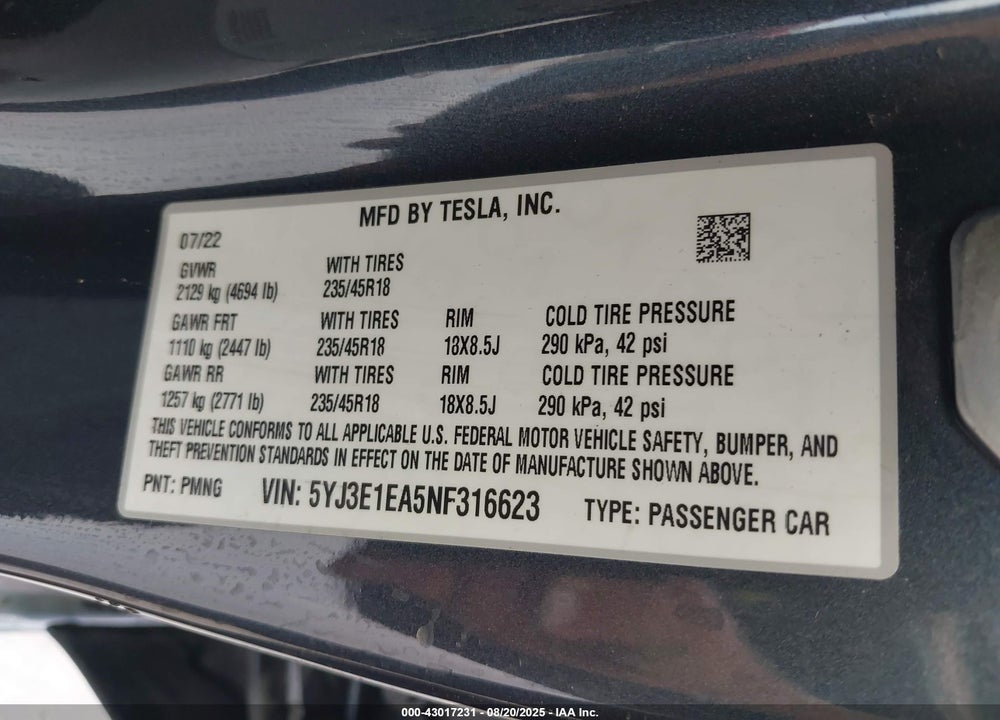 2022 TESLA MODEL 3 VIN: 5YJ3E1EA5NF316623