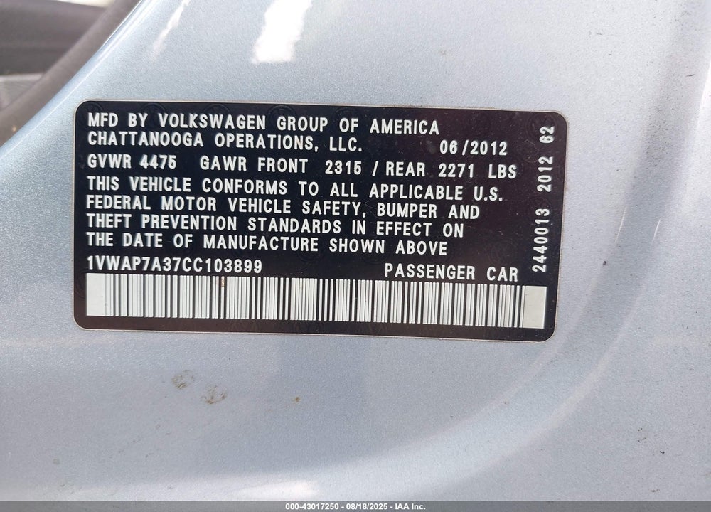 2012 VOLKSWAGEN PASSAT VIN: 1VWAP7A37CC103899