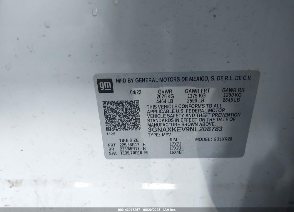 2022 CHEVROLET EQUINOX VIN: 3GNAXKEV9NL208783