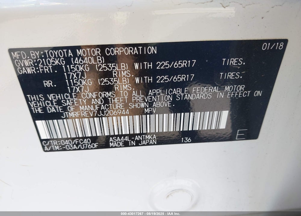 2018 TOYOTA RAV4 XLE VIN: JTMRFREV7JJ206944