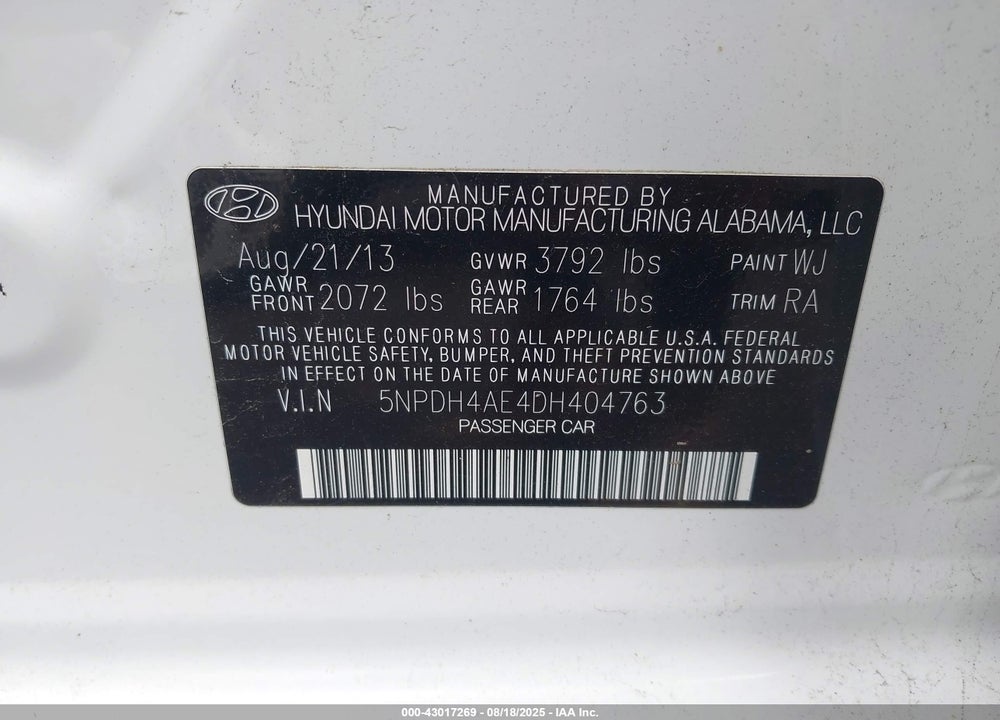 2013 HYUNDAI ELANTRA VIN: 5NPDH4AE4DH404763