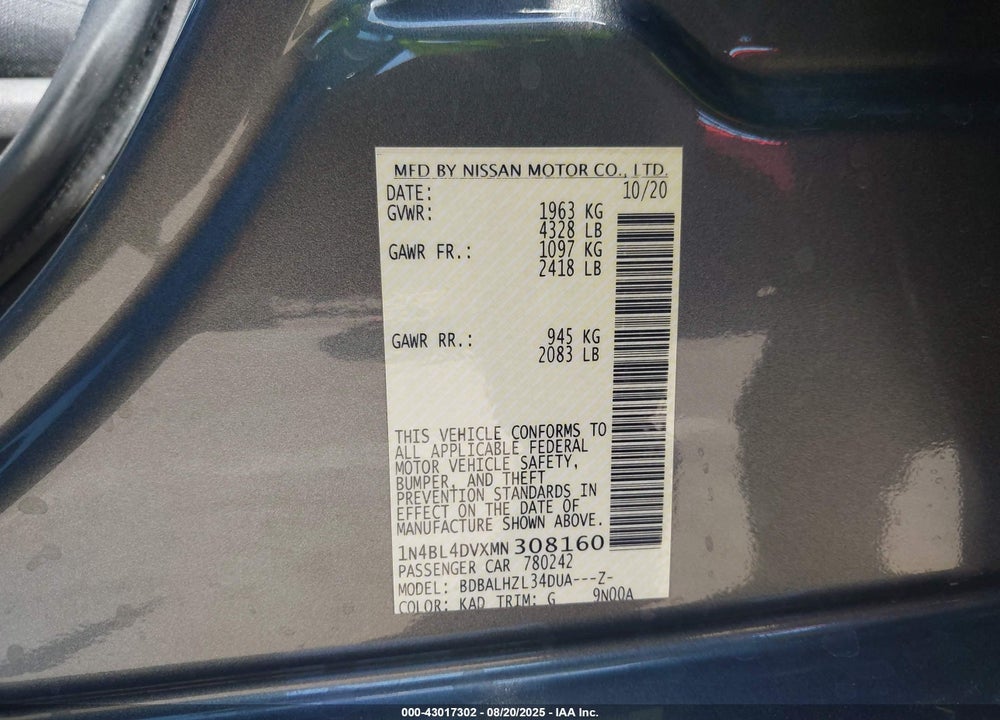 2021 NISSAN ALTIMA VIN: 1N4BL4DVXMN308160