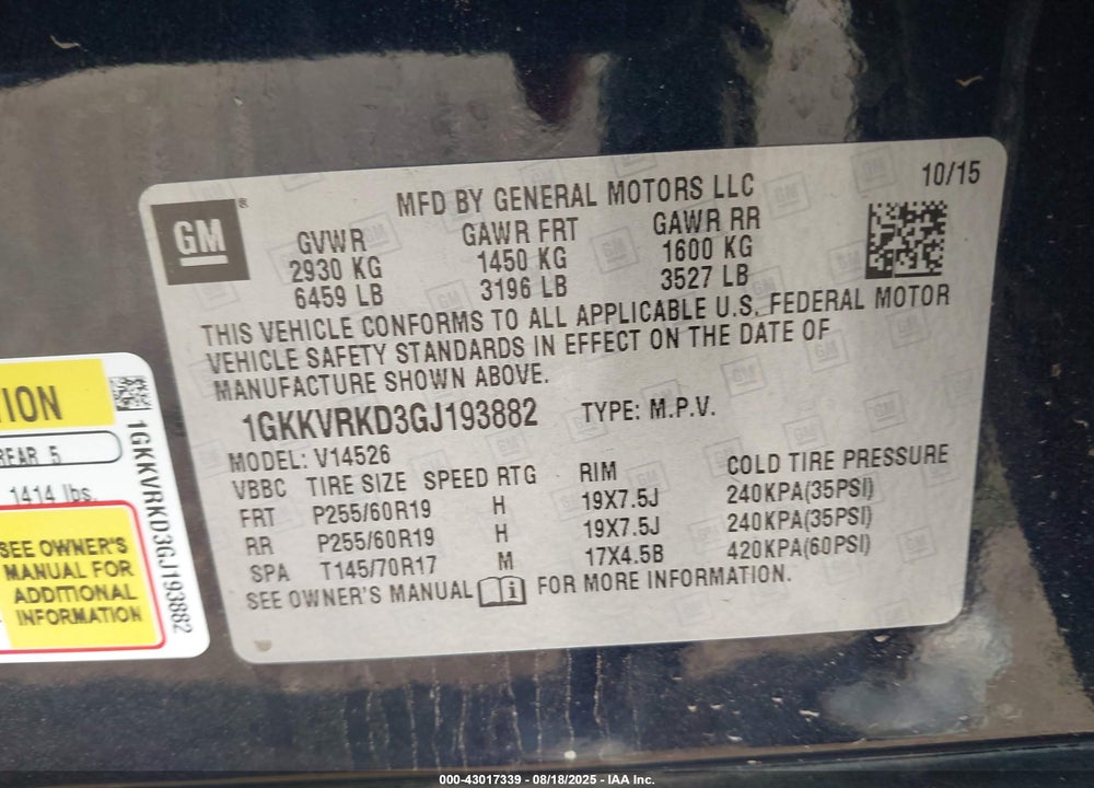 2016 GMC ACADIA VIN: 1GKKVRKD3GJ193882